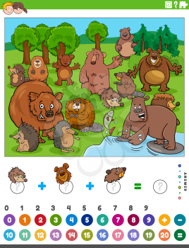 Cartoon illustration of educational mathematical counting and addition game for children with bears and hedgehogs and beavers