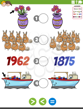 Cartoon illustration of educational mathematical puzzle game of greater than, less than or equal to for children with objects and animal characters and numbers worksheet page