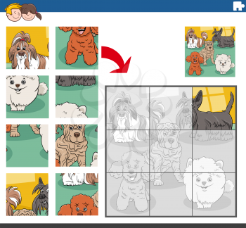 Cartoon illustration of educational jigsaw puzzle game for children with purebred dogs animal characters