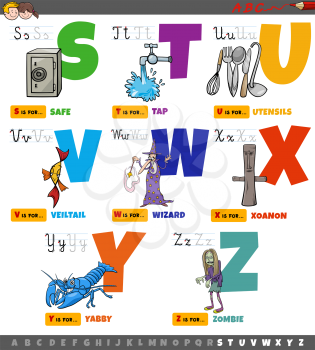 Cartoon illustration of capital letters alphabet educational set for reading and writing practice for elementary age children from S to Z