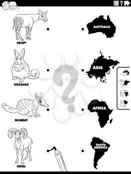 Black and white cartoon illustration of educational matching task for children with animal species characters and continents coloring book page