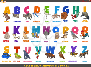 Educational cartoon illustration of colorful alphabet set with comic animal characters and captions