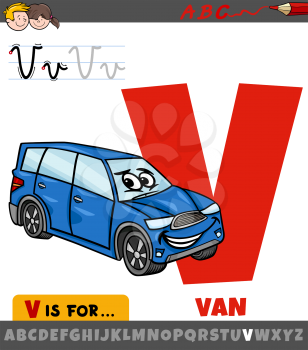 Educational cartoon illustration of letter V from alphabet with van car character for children 
