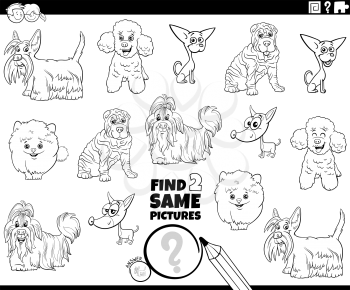 Black and white cartoon illustration of finding two same pictures educational game with funny purebred dogs animal characters coloring book page