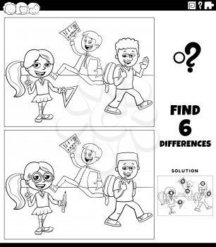 Black and white cartoon illustration of finding the differences between pictures educational game with elementary age pupils coloring book page