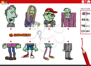 Cartoon illustration of educational game of matching halves of pictures with comic zombies Halloween characters