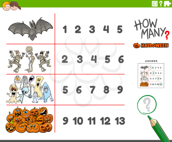 Cartoon illustration of educational counting activity for children with Halloween holiday spooky characters
