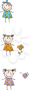 Royalty Free Clipart Image of Three Girls, a Flower and a Butterfly