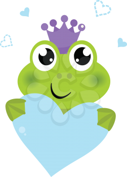 Funny frog Prince with love Heart. Vector cartoon Illustration