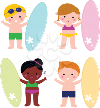 Summer multicultural surfing kids. Vector illustration
