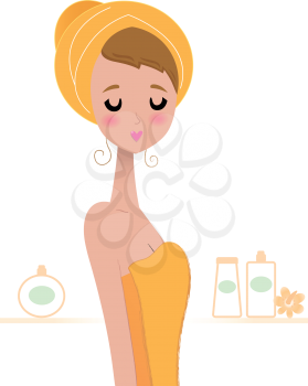 Girl in towel with cosmetic behind. Vector Illustration
