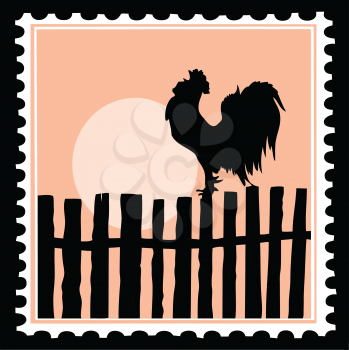 Royalty Free Clipart Image of a Rooster Postage Stamp