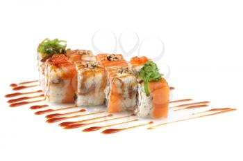 Sushi rolls with banana, salmon, eel fish, wakame seaweed, red caviar on white