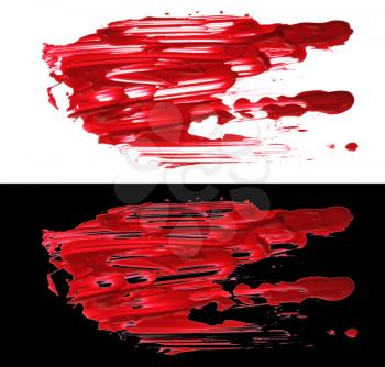 Red abstract acrylic color brush strokes blots. Isolated on black and white.