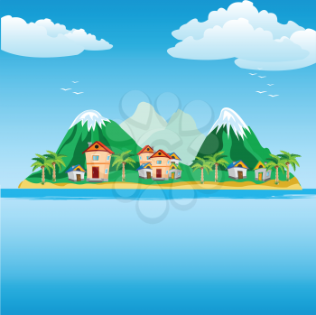 Illustration of the small city on island in ocean