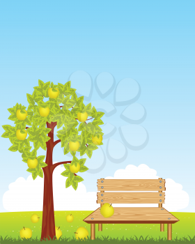 The Wooden bench under aple tree with ripe apple.Vector illustration