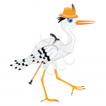 Cartoon of the bird stork in hat with walking stick