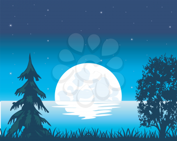The Moon night ashore calm yard.Vector illustration