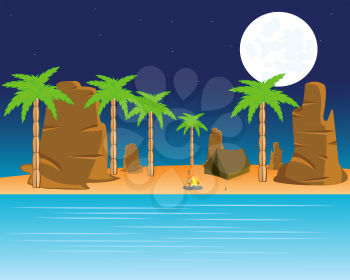 The Night landscape seeshore in tropical paradise.Vector illustration
