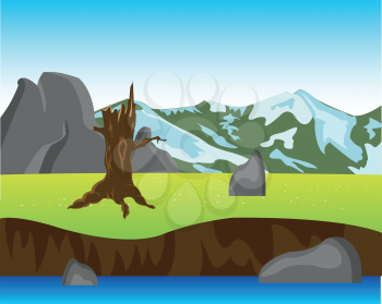 The Landscape yard and mountains year daytime.Vector illustration