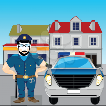 Police and police car in city.Vector illustration