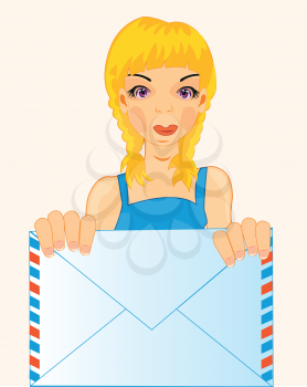 Making look younger girl with envelope in hand on white background