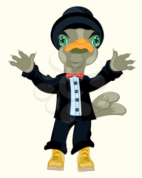 Cartoon of the bird ostrich in fashionable suit