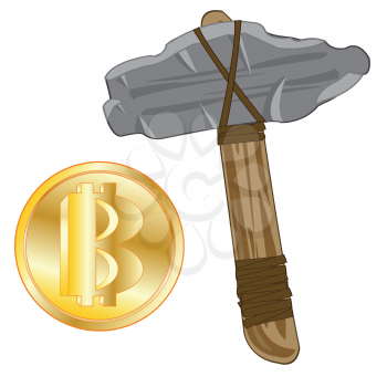 Coin of virtual currency bitcoin and stone axe on white background