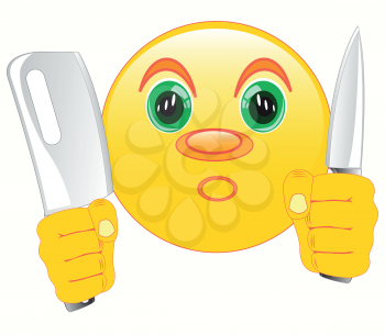 Smiley with knife in hand on white background is insulated