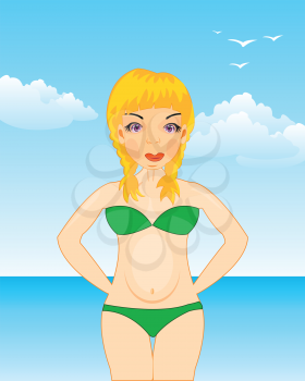 Making look younger and beautiful girl in swimsuit reposes on sea