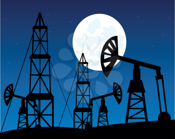 Vector illustration of the oil wells and pump moon in the night