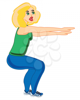 Vector illustration of the young beautiful girl doing exercise squat on white background is insulated