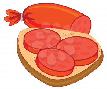 Vector illustration of the piece of bread and sausages on him