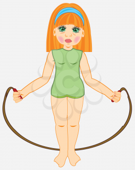 Girl with jump rope in hand on white background is insulated