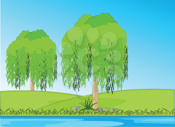Vector illustration of the colorful year landscape riverside and tree