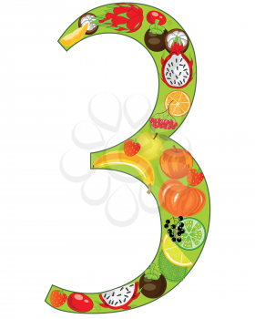 Vector illustration of the number three from fruit and berries on white background is insulated