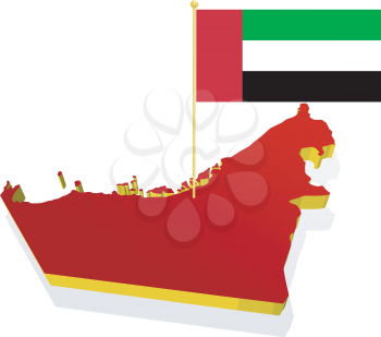 three-dimensional image map of United Arab Emirates with the national flag 