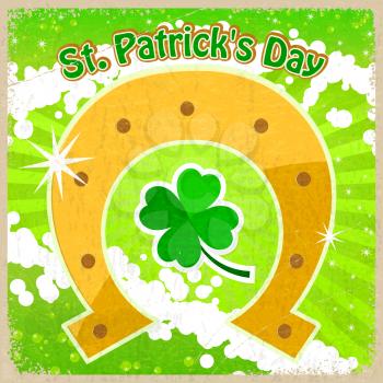 Vintage background with the image of clover St. Patrick's Day and horseshoe