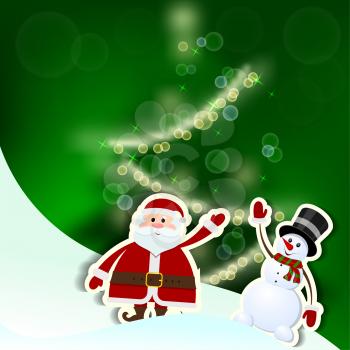 Christmas card with Santa Claus, tree and snowman