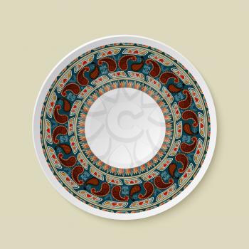 Round tribal ornament. Pattern shown on the ceramic plate. Vector illustration. 
