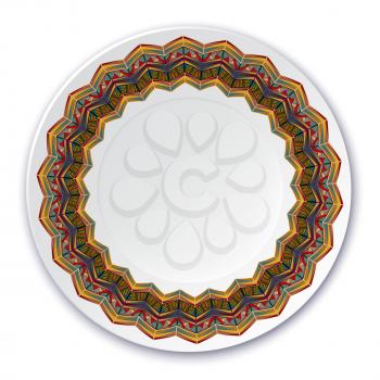 Round Indian tribal ornament. Pattern shown on the ceramic plate. Vector illustration.
