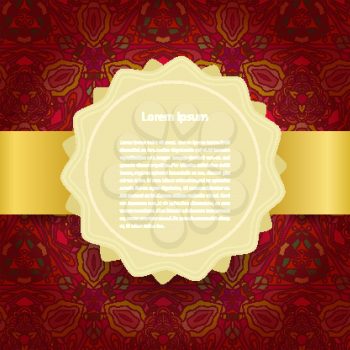 Golden label on a red abstract background. Vector illustration.