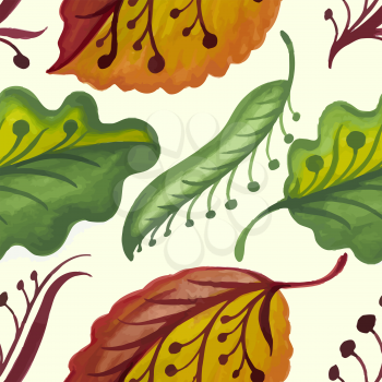 Seamless texture with bright autumn leaves and flowers on a white background. Vector illustration.
