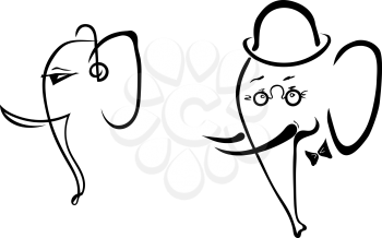 Set of silhouettes elephant music lover with headphones and elephant-hipster in a bowler hat and bow tie. Logo. Vector illustration.