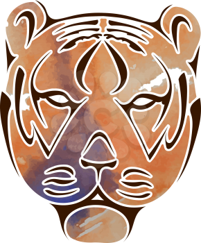 Cartoon illustration tiger head, made using watercolor paints. Vector illustration