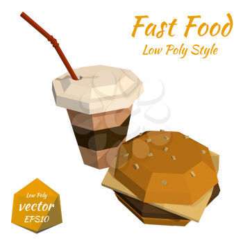 Hamburger and a plastic cup of coffee and a straw on a white background. Vector illustration
