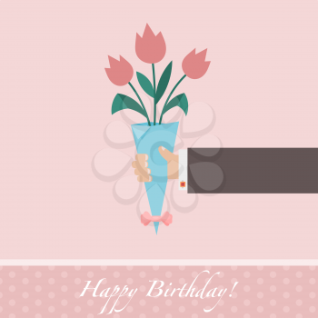 Pink celebratory background with a bouquet of tulips and man's hand. Design holiday cards, banners. Birthday. Vector illustration.