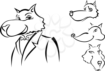 A set of sketches Cartoon wolf gentleman isolated on white background. Vector illustration.