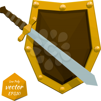 Low poly shield and sword on white background. Vector illustration