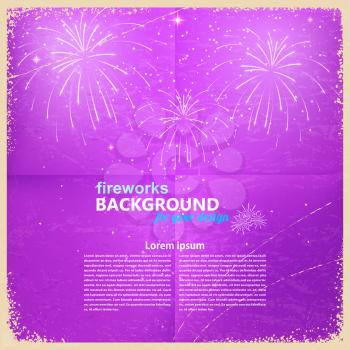 Purple vintage grunge background with fireworks. Vector illustration